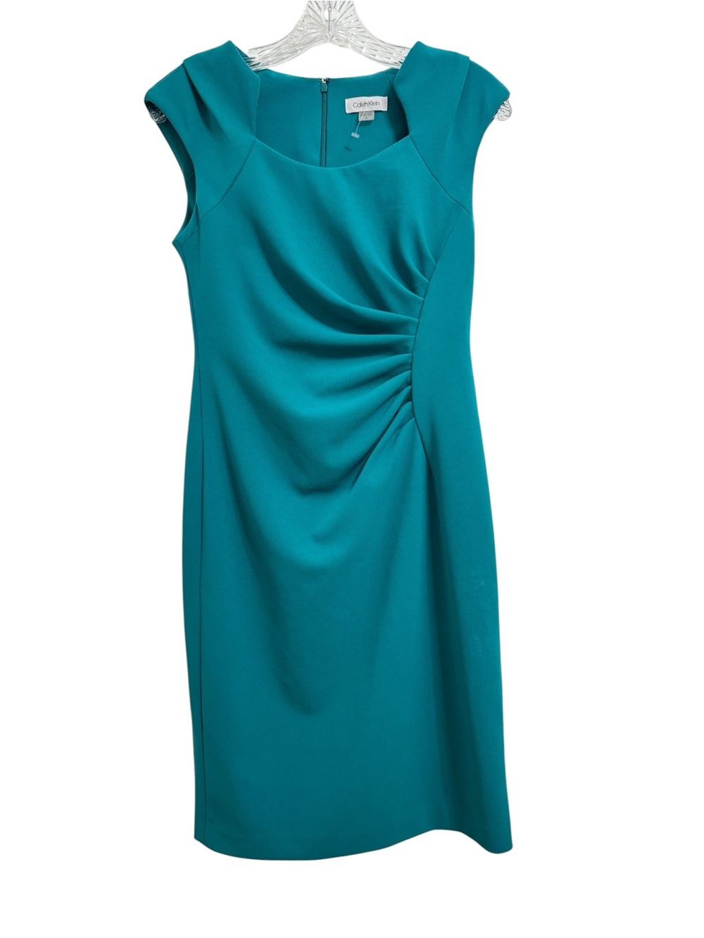 Calvin Klein Teal Cap Sleeve Sheath Dress with Side Ruching